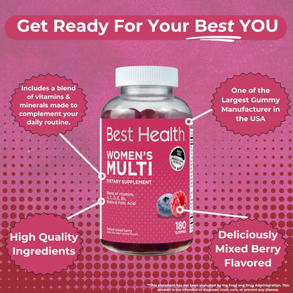 Best Health Women’s Multivitamin Gummies, Multivitamin for Women with Biotin, Folic Acid, Vitamins A,C,D,E,Natural Mixed Berry Flavor (180ct) Best HealthBuy Supplements Australia