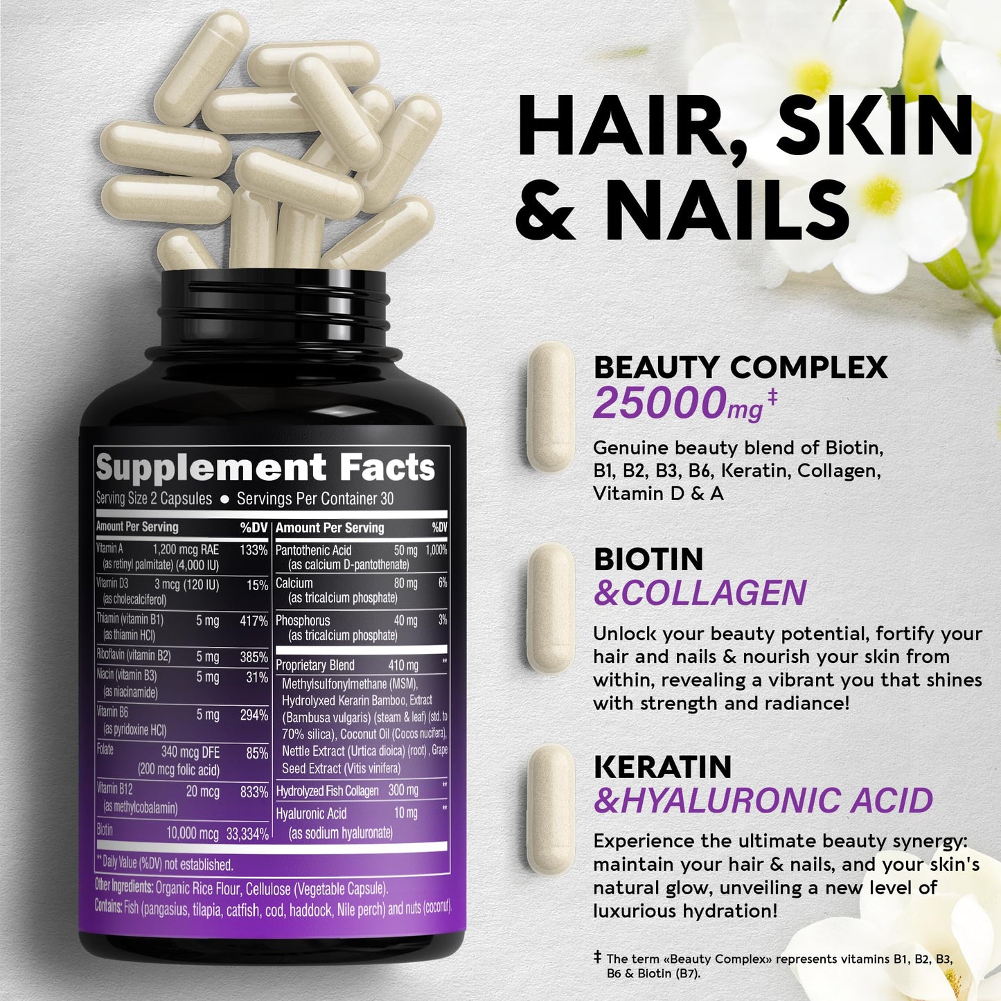 Biotin | Collagen | Keratin | Hyaluronic Acid - Hair Growth Support Pills, 25000 mcg NUTRAHARMONYBuy Supplements Australia