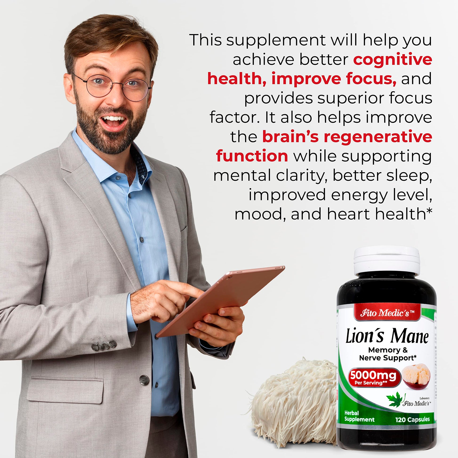 Lab | Lions Mane | 5000 mg per Serving | 120 Capsules | lions mane supplement | lions mane FITO MEDIC'SBuy Supplements Australia