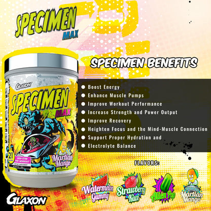 Glaxon Specimen Max High Stim Pre-Workout | 400mg Caffeine + 3200mg Beta Alanine for Maximum Energy, Pump & Focus | 21 Servings (Martian Mango)
