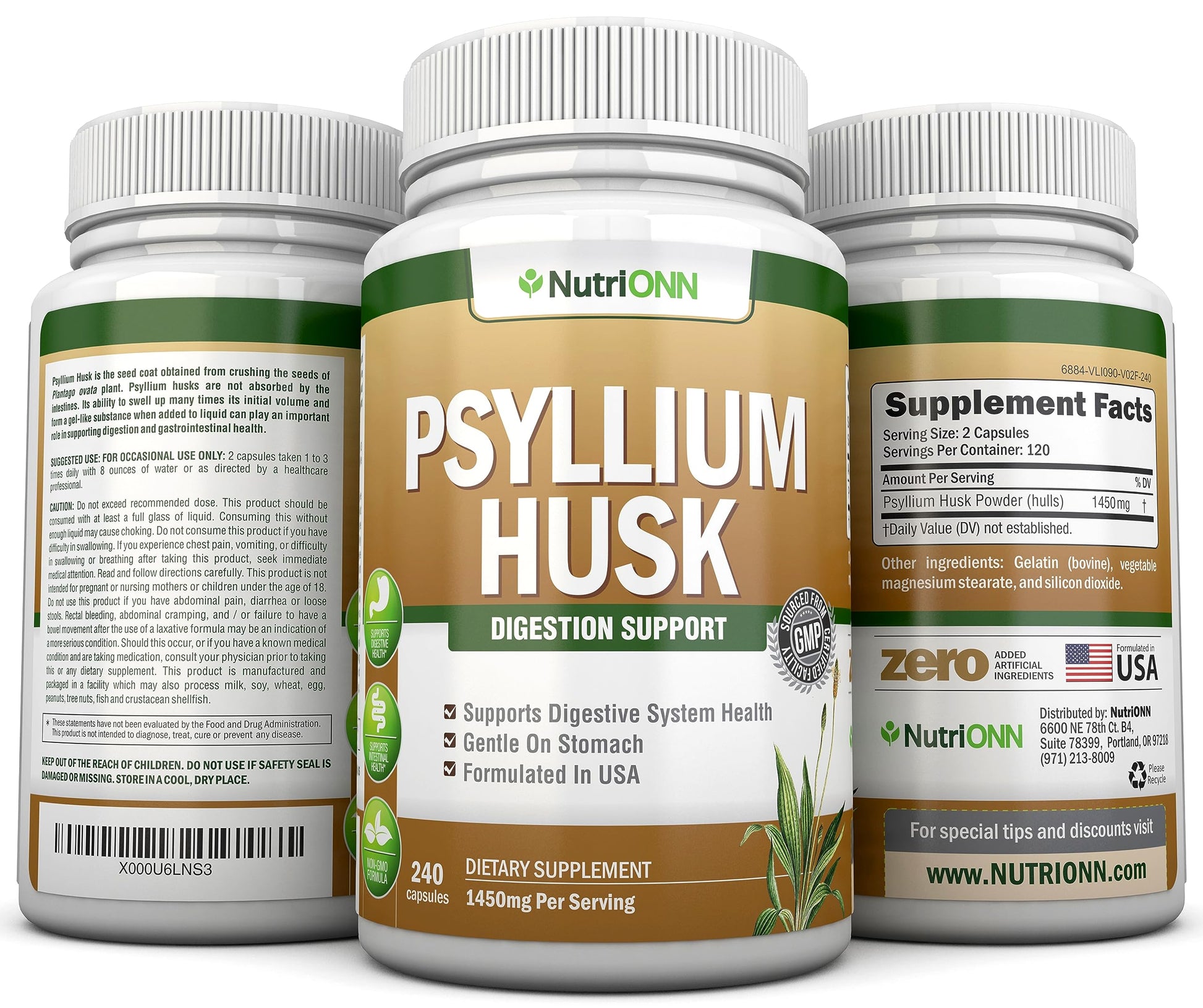 NutriONN PSYLLIUM Husk Capsules - 1450mg Per Serving - 240 Capsules - Double Strength NutriONNBuy Supplements Australia