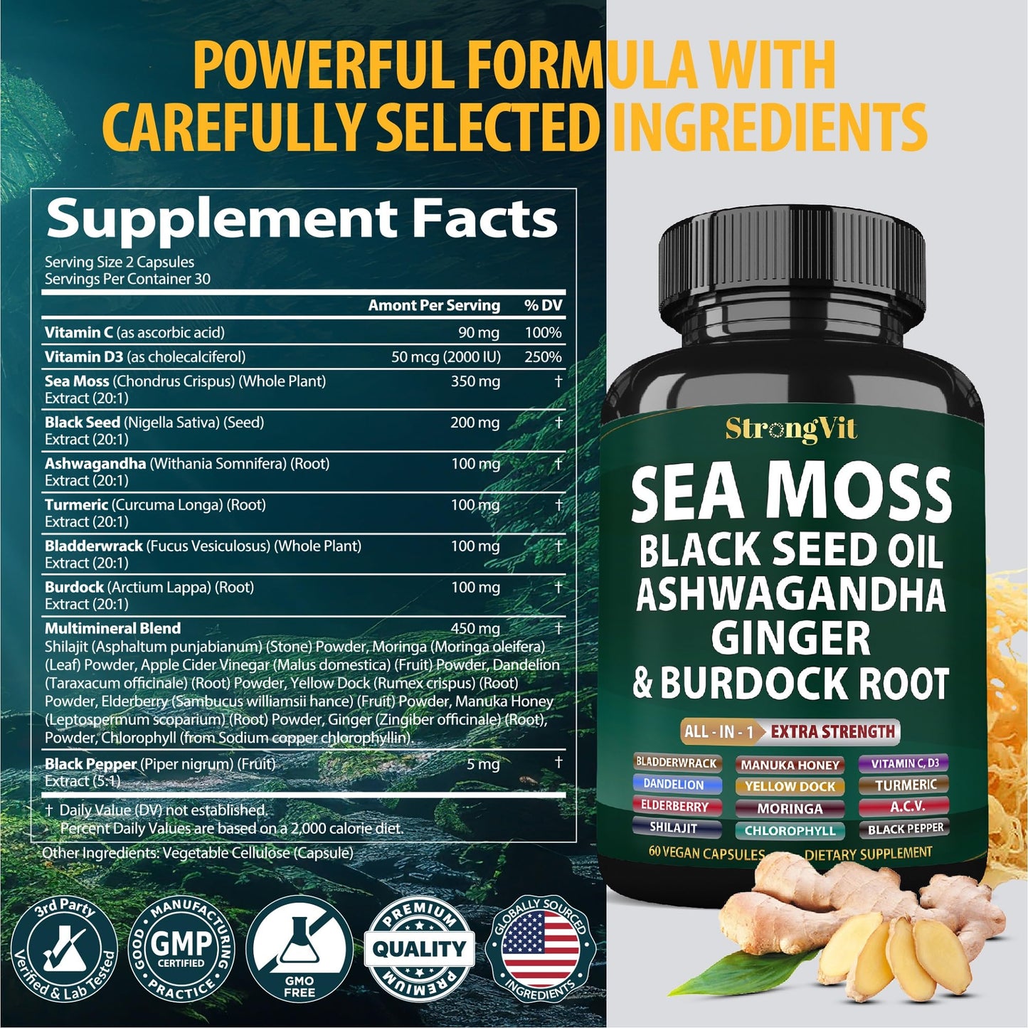 StrongVit Sea Moss Black Seed Oil Ashwagandha Ginger, Organic Sea Moss Capsules with Burdock Root, Irish Seamoss Pills with Bladderwrack, Advanced Multimineral Supplement, USA StrongVitBuy Supplements Australia