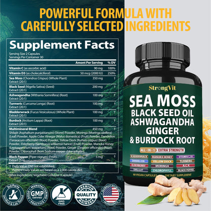 StrongVit Sea Moss Black Seed Oil Ashwagandha Ginger, Organic Sea Moss Capsules with Burdock Root, Irish Seamoss Pills with Bladderwrack, Advanced Multimineral Supplement, USA StrongVitBuy Supplements Australia