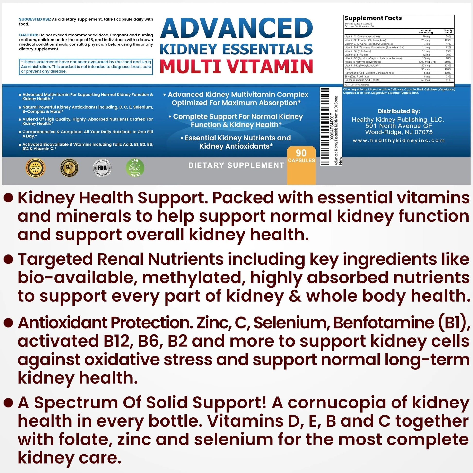 Advanced Kidney Essentials Multivitamin. Kidney Support Supplement for Complete Kidney Health. Kidney Health Supplement Kidney Restore
