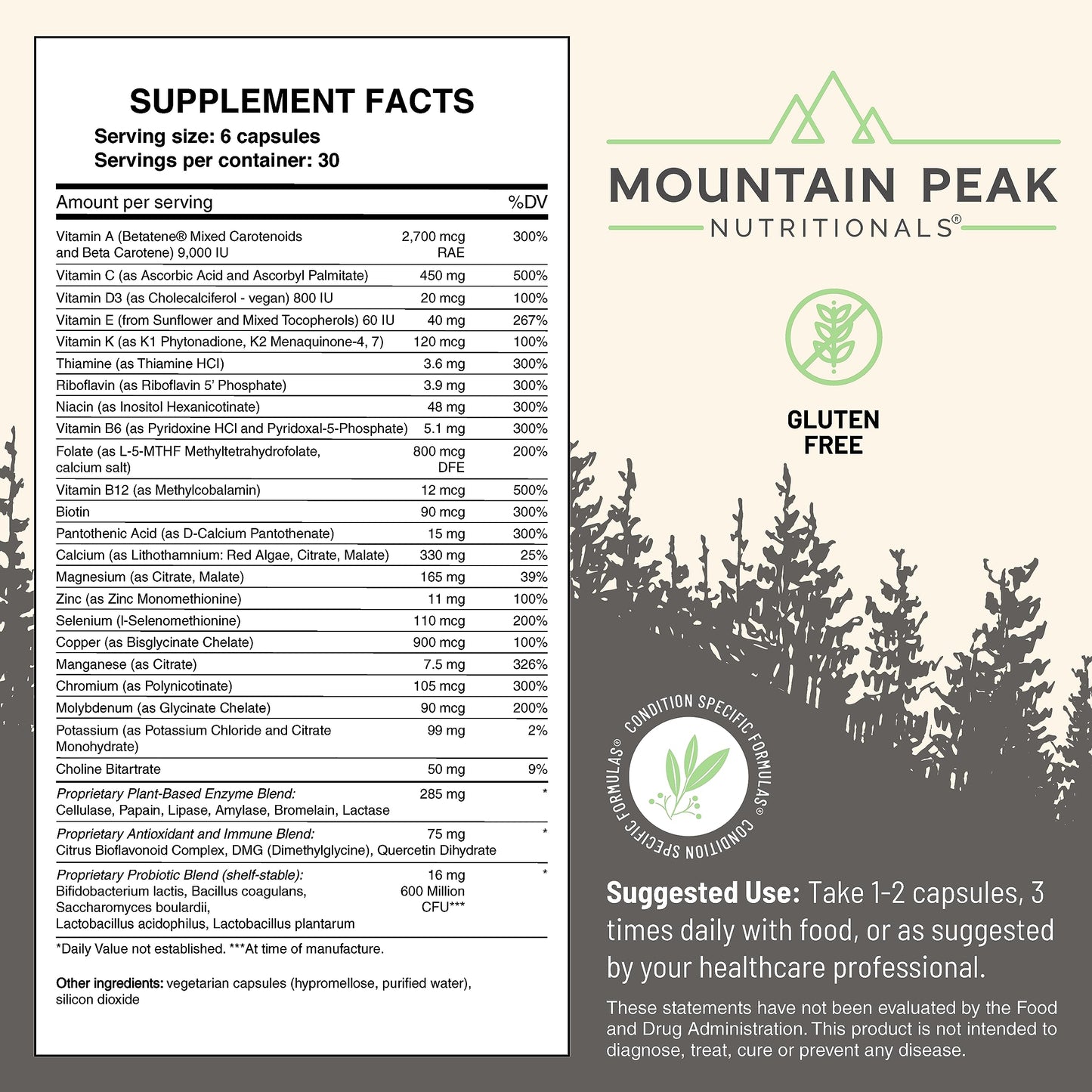 Mountain Peak Nutritionals Ultra High Multivitamin for Men & Women - with Vitamins A, B12, B6, C, D, E, Magnesium, Zinc, Folic Acid, Digestive Enzymes & Probiotics (180 Vegetarian Capsules) Mountain Peak NutritionalsBuy Supplements Australia