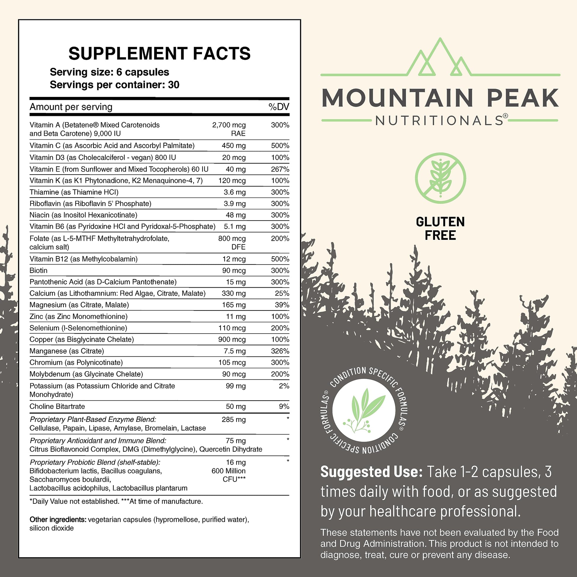 Mountain Peak Nutritionals Ultra High Multivitamin for Men & Women - with Vitamins A, B12, B6, C, D, E, Magnesium, Zinc, Folic Acid, Digestive Enzymes & Probiotics (180 Vegetarian Capsules) Mountain Peak NutritionalsBuy Supplements Australia