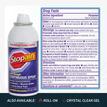 Stopain Pain Relief Spray 4oz (2 Pack) USA Made, Max Strength Fast Acting with MSM, Glucosamine, Menthol for Arthritis, Lower Back, Neck, HSA FSA Approved Topical Analgesic Products StopainBuy Supplements Australia