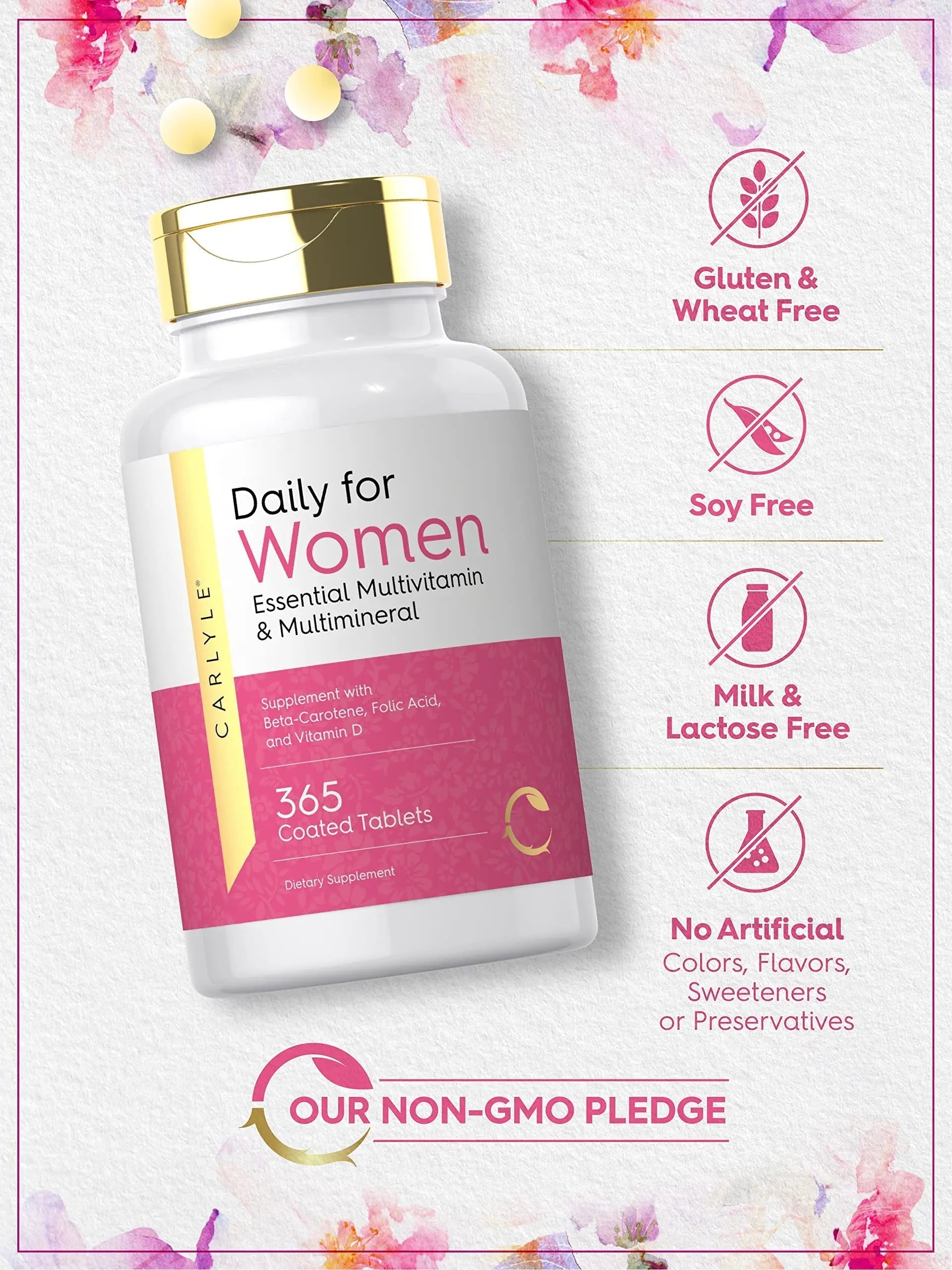 Carlyle Women's Daily Multivitamin and Multimineral Supplement | 365 Tablets | Beta-Carotene, Folic Acid and Vitamin D | Non-GMO, Gluten Free Pills CarlyleBuy Supplements Australia