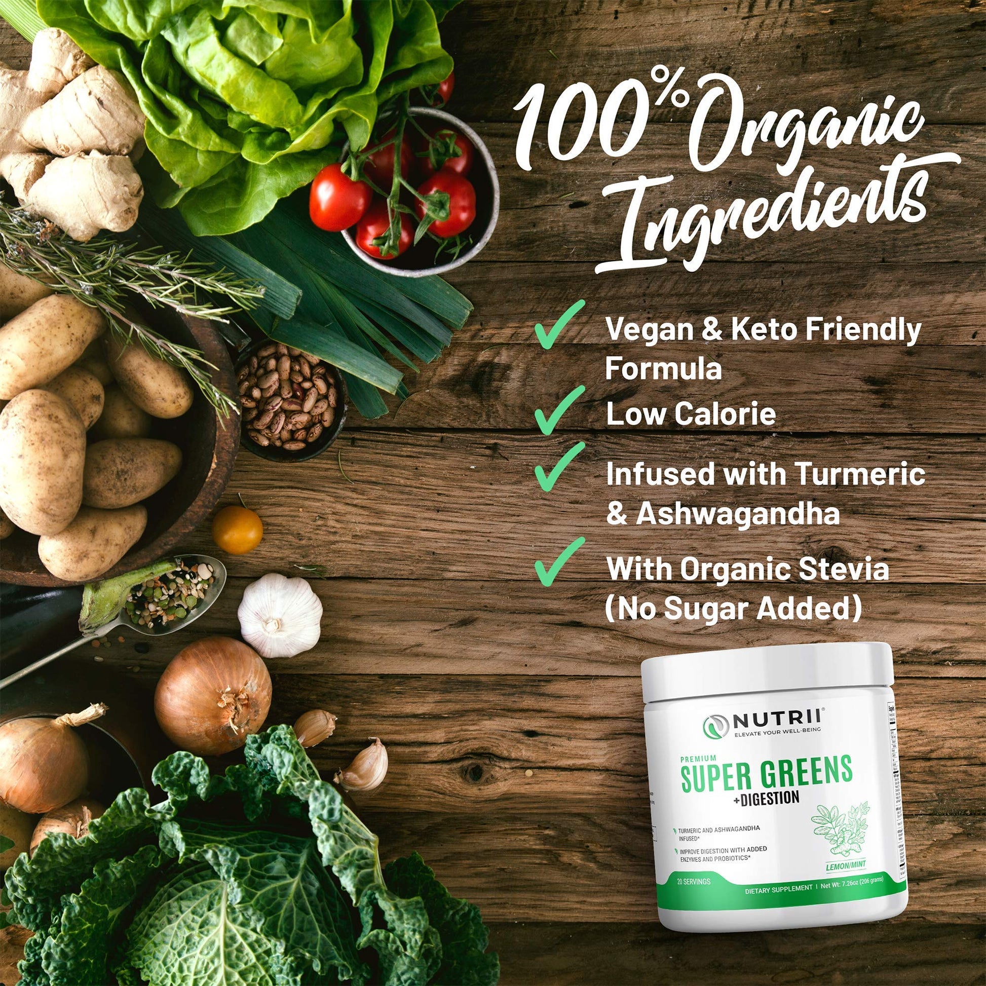 Nutrii Organic Green Immunity Superfood Powder - Soothes Digestion, Boosts Healthy Vitality and Energy. Fast Acting Formula with Probiotics, Enzymes, Turmeric and Ashwagandha (30 Servings Lemon-Mint) NutriiBuy Supplements Australia