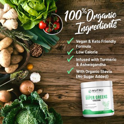 Nutrii Organic Green Immunity Superfood Powder - Soothes Digestion, Boosts Healthy Vitality and Energy. Fast Acting Formula with Probiotics, Enzymes, Turmeric and Ashwagandha (30 Servings Lemon-Mint) NutriiBuy Supplements Australia