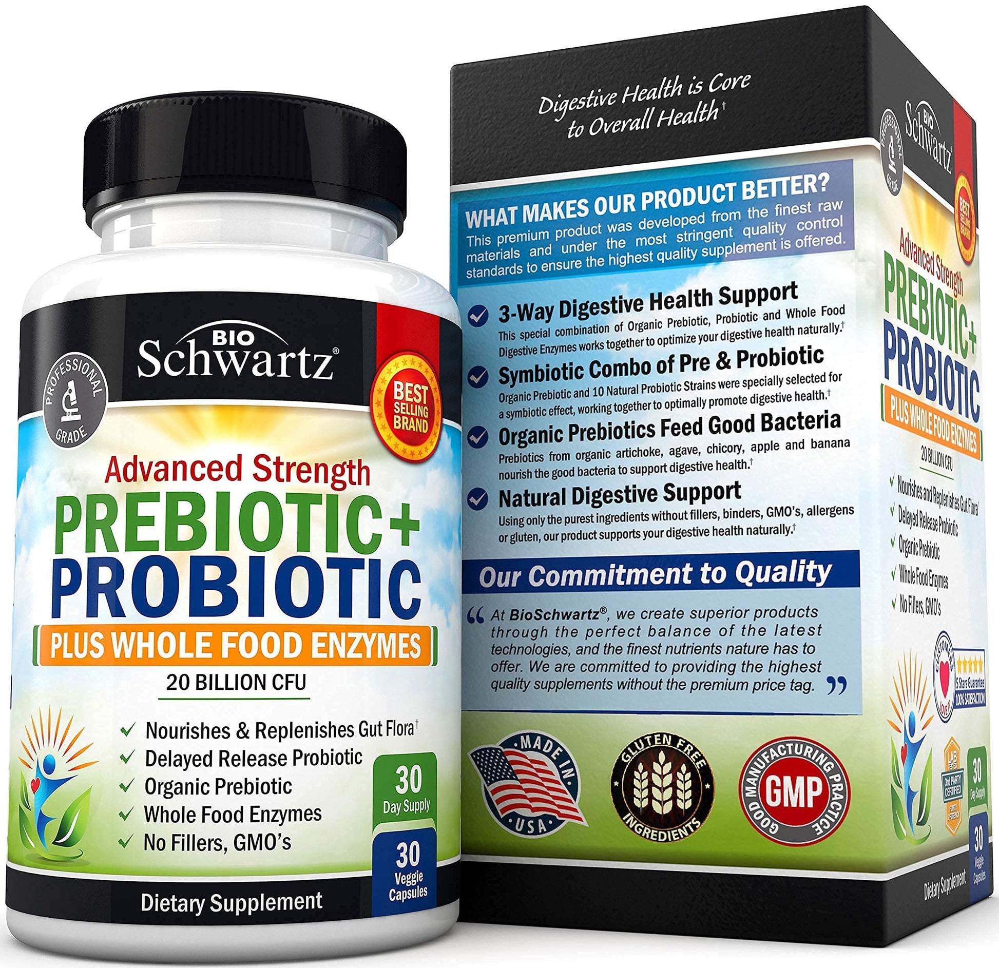 Probiotic & Prebiotic Digestive Health Capsules - 30ct, Gluten & Dairy Free, Non-GMO BioSchwartzBuy Supplements Australia