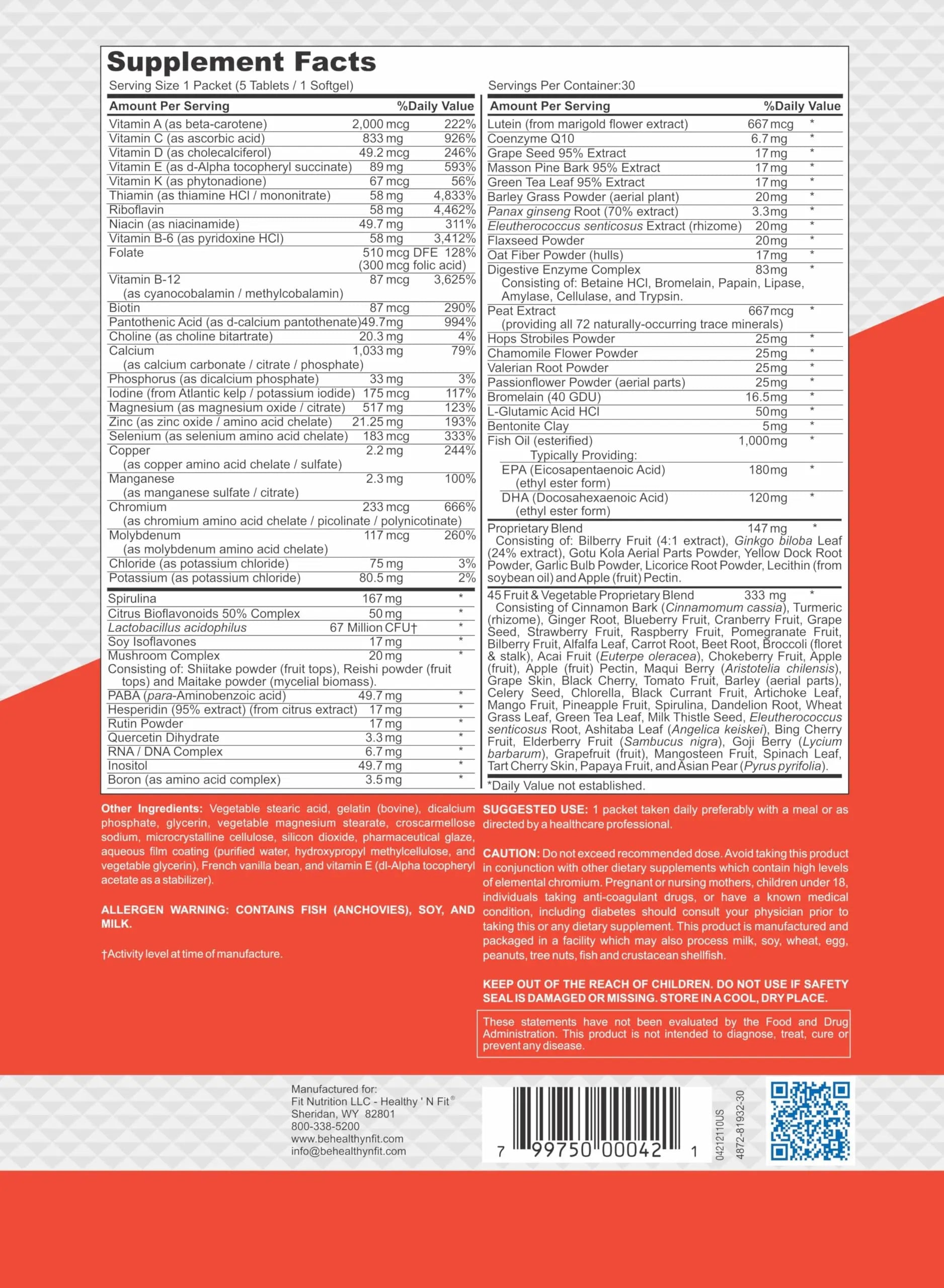 Healthy 'N Fit NUTRI Pack - 30 Day Pkt -One Pack Daily, Multivitamin All-in-One Packets Healthy 'N Fit
