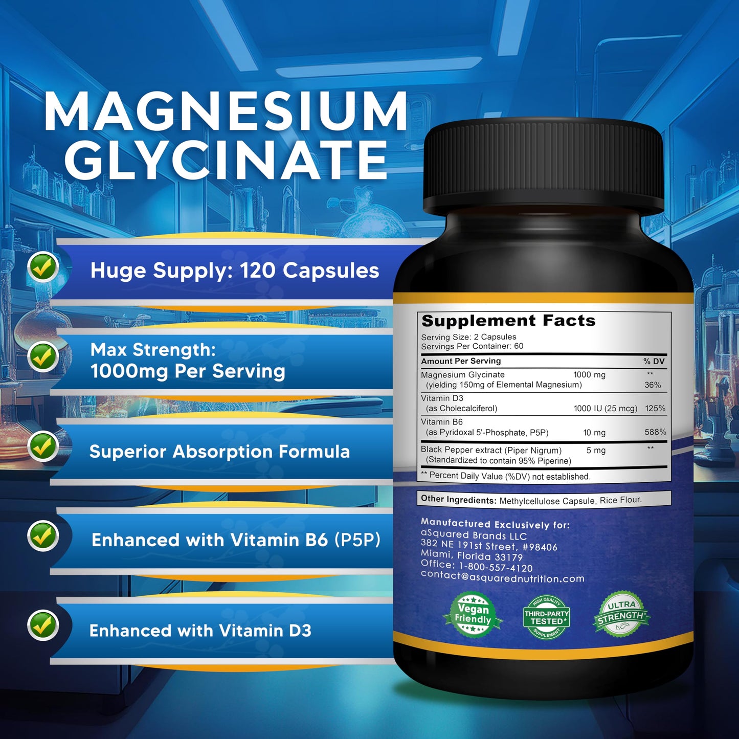 Magnesium Glycinate 1000mg with Vitamin D3 & B6-500mg per Capsule - Pure Elemental Mag Supplement Complex for Sleep, Muscle, Bone Health