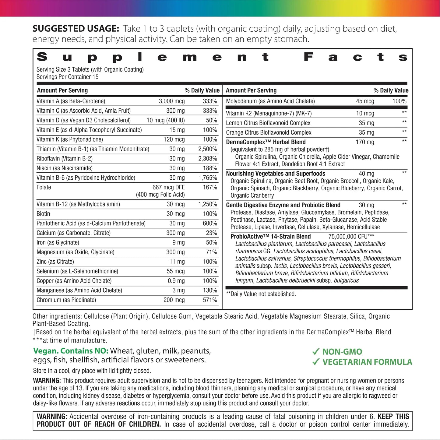 Rainbow Light Teen Multivitamin | 45 Caplets | for Boys and Girls | with DermaComplex, Real Food Nutrients & Iron | Rainbow LightBuy Supplements Australia