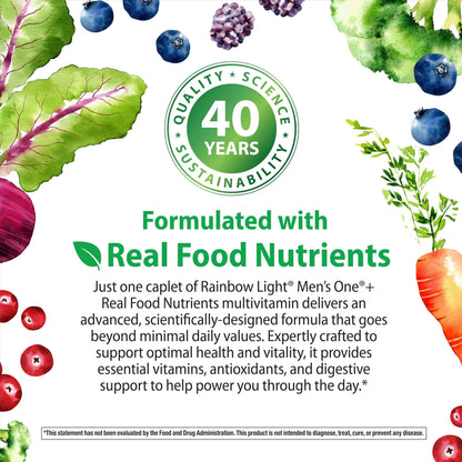 Rainbow Light Mens Multivitamin One + | 60 Caplets | Supports Energy & Antioxidant Health | with Real Food Nutrients, Digestive Enzymes & Probiotics Rainbow Light