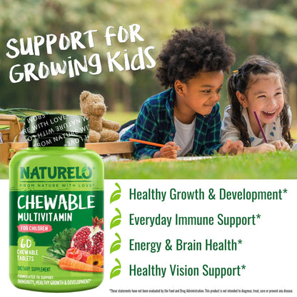 NATURELO Chewable Vitamin for Kids Multivitamin with Whole Food Organic Fruit Blend - 60 Tablets for Children NATURELO