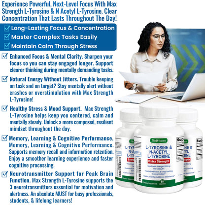 Max Strength L Tyrosine Supplement & N Acetyl L Tyrosine Peak Focus, Alertness, Concentration, Body & Mind Energy. L-Tyrosine 850mg Per 1 Capsule. A Well-Being Nutrient Boost For Performance BioWisdom NutraceuticalsBuy Supplements Australia