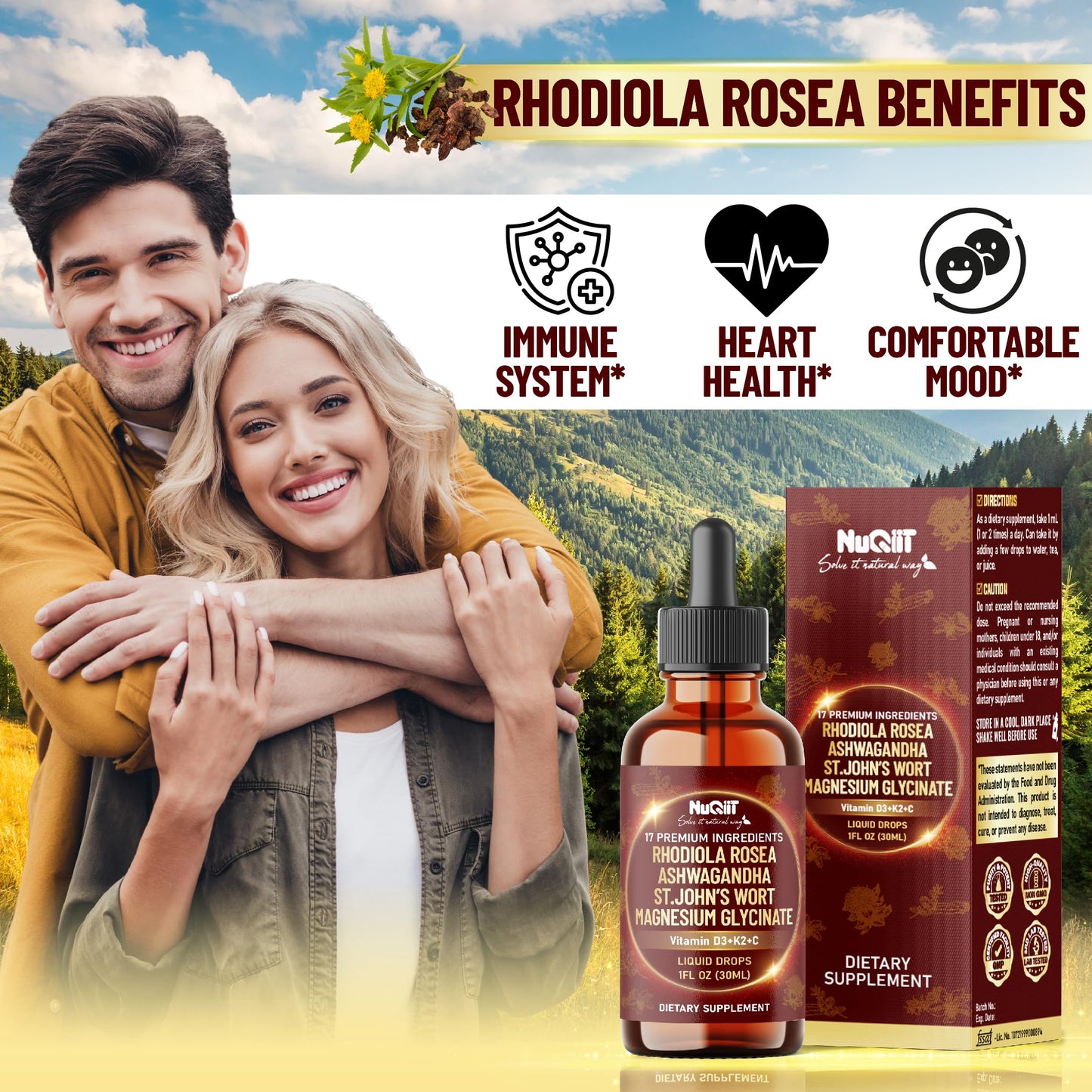 NUQIIT 17in1 Rhodiola Rosea Liquid Drops Tincture w/Ashwagandha Magnesium, L-Theanine. Ultra Rhodiola Cortisol Supplement, Rhodiola Root for Mood, Energy - 1 FL Oz - 60 Day Supply NUQIITBuy Supplements Australia