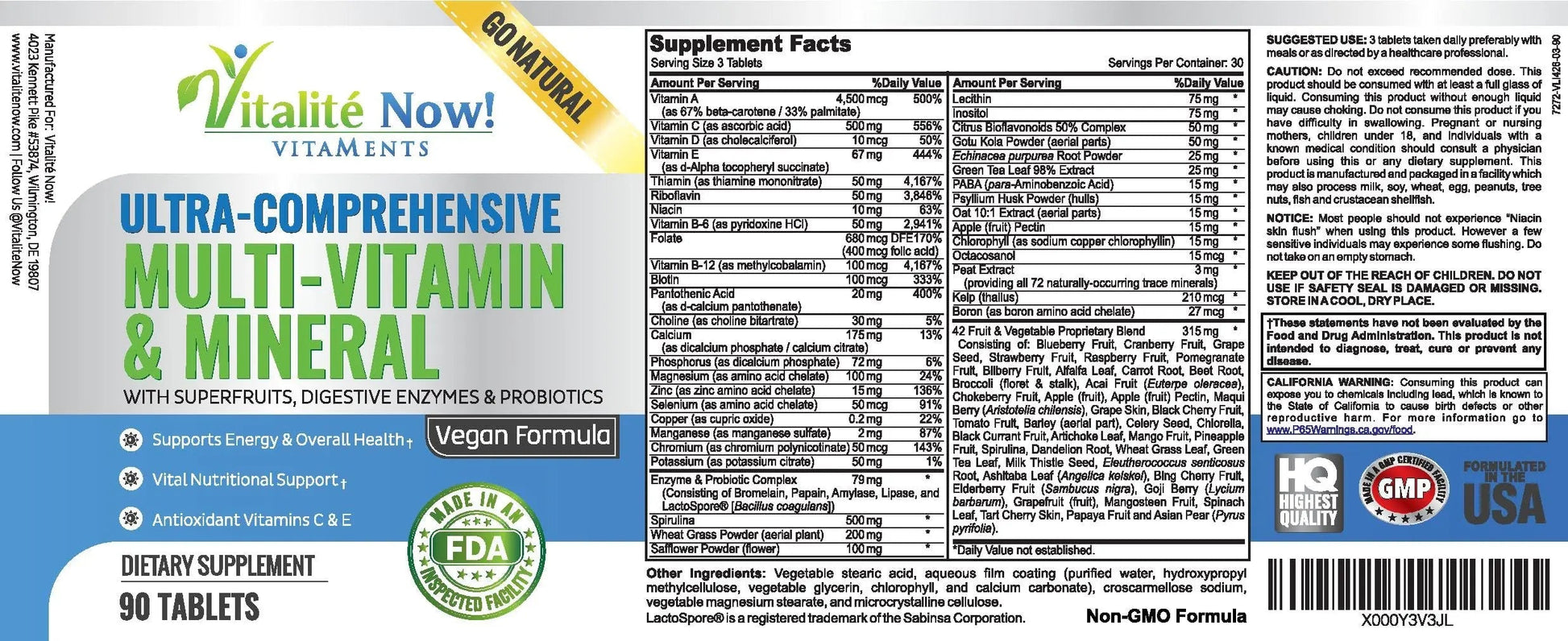 Vegan Whole Food Multivitamin & Mineral - Vitamins A B1 B2 B6 B12 C D3 E & 110 Super Foods, Herbs, Greens & Reds Vitalité Now!Buy Supplements Australia