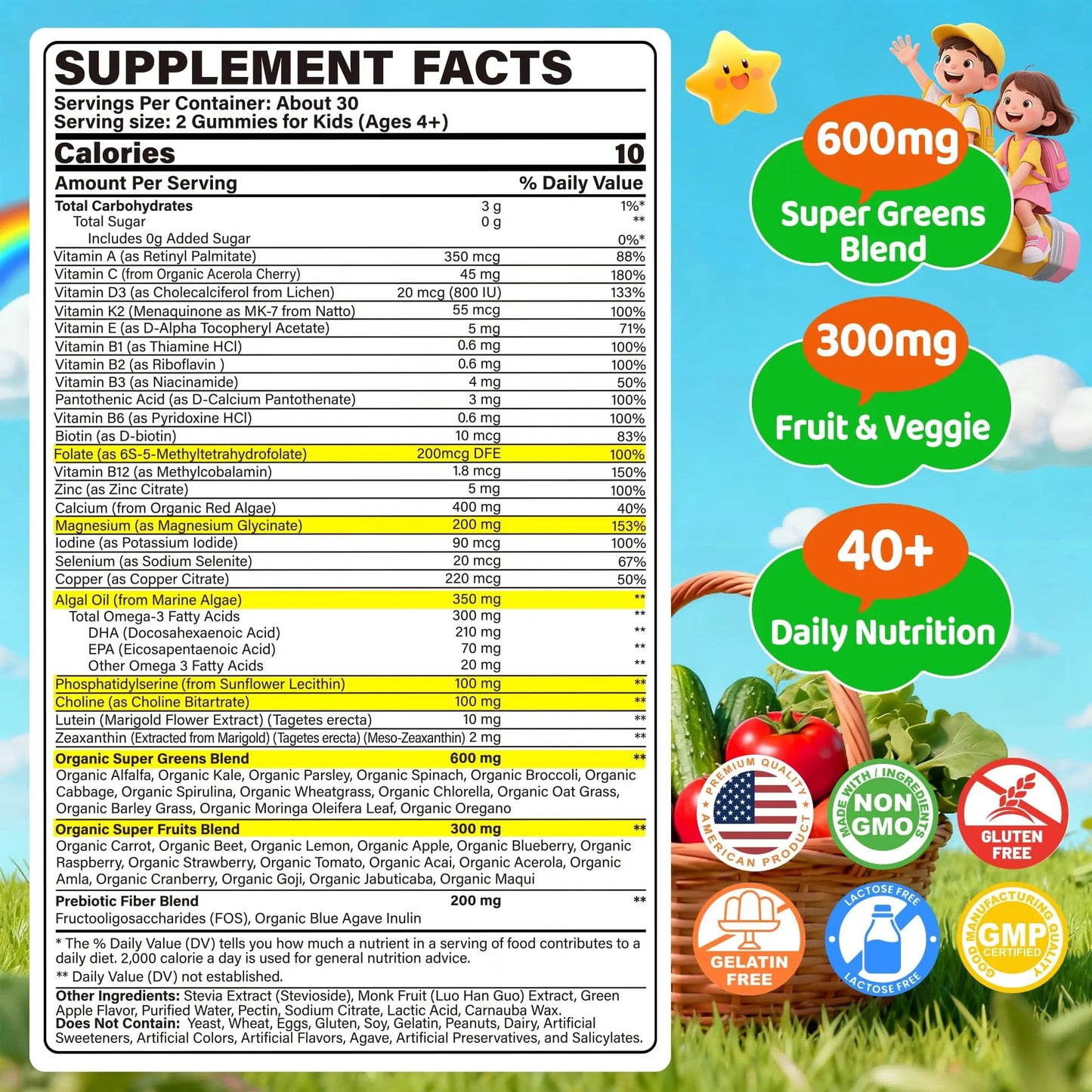 Kids Super Greens Gummies, w/Multivitamins, Spirulina, Chlorella, Spinach, Broccoli, Calcium, Omega-3 (DHA/EPA) EnvyCure