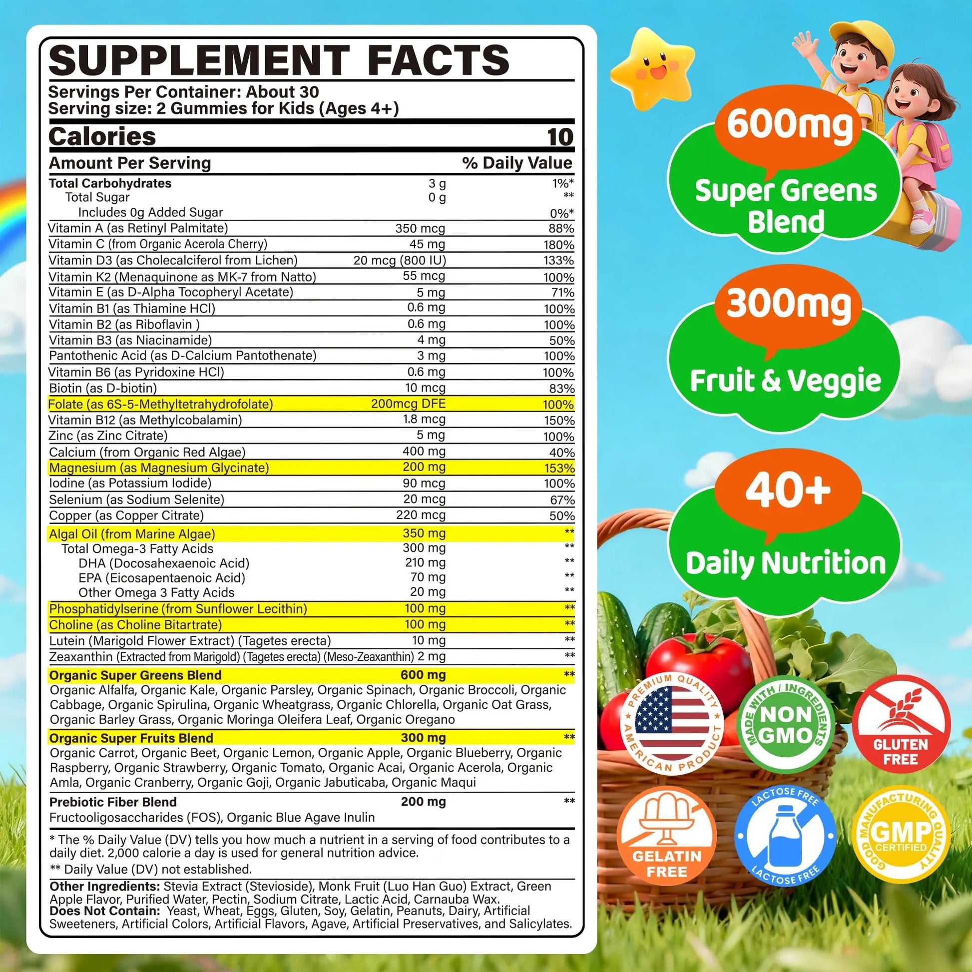 Kids Super Greens Gummies, w/Multivitamins, Spirulina, Chlorella, Spinach, Broccoli, Calcium, Omega-3 (DHA/EPA) EnvyCure