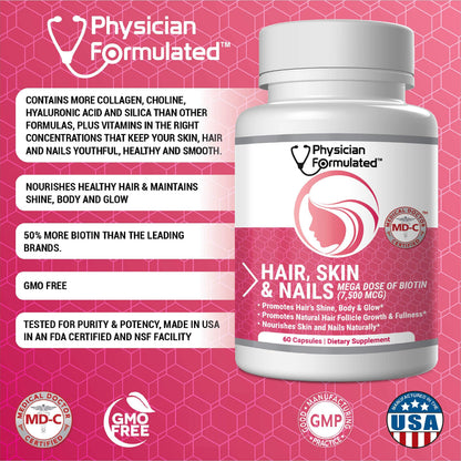 Physician Formulated Healthy Hair Skin and Nails Vitamins for Men and Women - 7500 mcg Biotin, Amino Acids, Collagen and Hyaluronic Acid - 60 Capsules Physician FormulatedBuy Supplements Australia