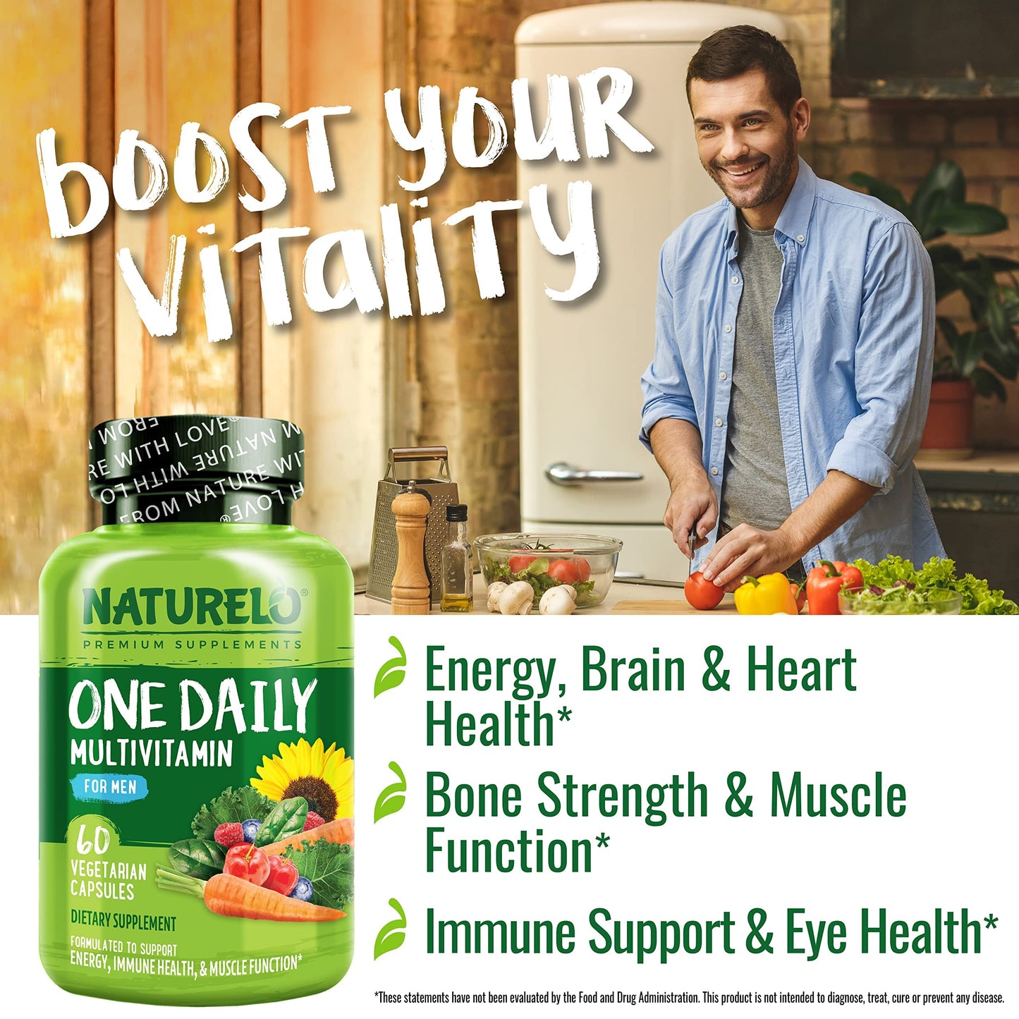 NATURELO Mens Multivitamins - One Daily Multivitamin for Men with Vitamins, Minerals & Organic Whole Foods, Boost Energy & Health,