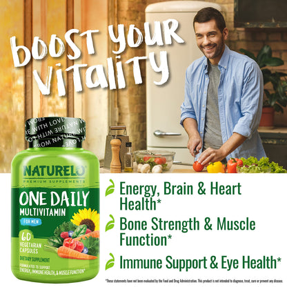 NATURELO Mens Multivitamins - One Daily Multivitamin for Men with Vitamins, Minerals & Organic Whole Foods, Boost Energy & Health,