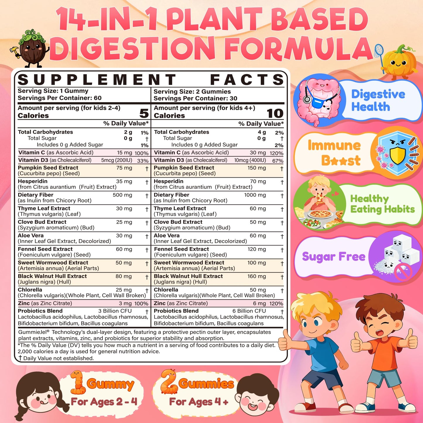 Toddler 2-4 & Kids 4+ Para Clean Gut Health Gummies w/Black Walnut, Wormwood, Clove, Pumpkin Seeds, Vitamin C, D3, Zinc, Digestive Supplement for Natural Gut Cleanse, Kids Immune Support (60cts) EnvyCureBuy Supplements Australia