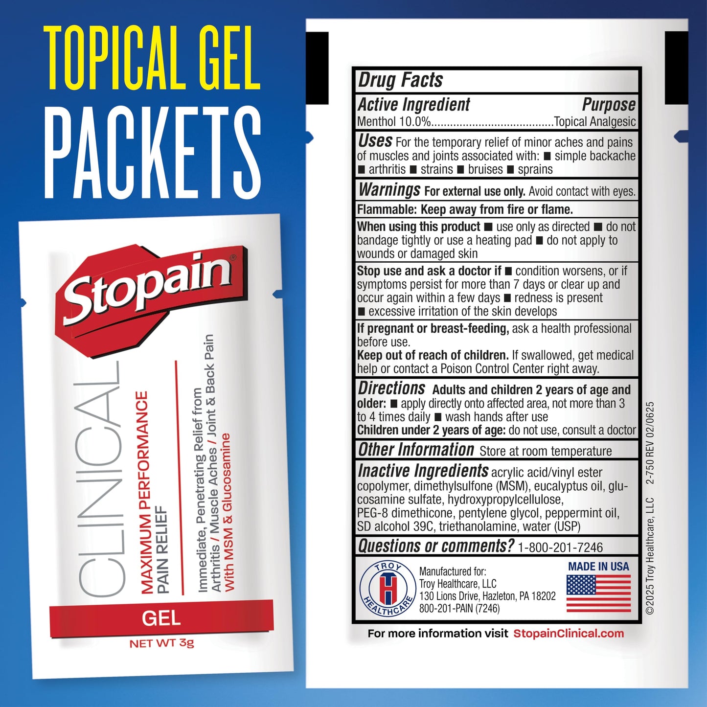 Stopain Pain Relief Clinical Gel Packets, Made in USA, Maximum Performance Pain Relief with 10% Menthol Plus Glucosamine for Muscle Aches, Joint Pain, and Arthritis (100 Pack) StopainBuy Supplements Australia