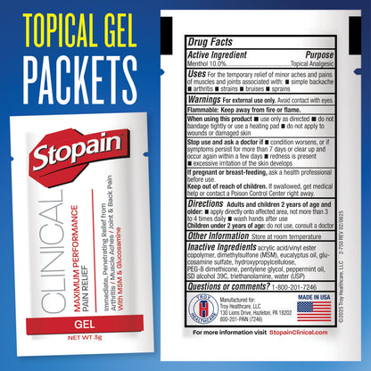 Stopain Pain Relief Clinical Gel Packets, 50 Pack, Made in USA, Maximum Performance Pain Relief with 10% Menthol Plus Glucosamine for Muscle Aches, Joint Pain, and Arthritis StopainBuy Supplements Australia
