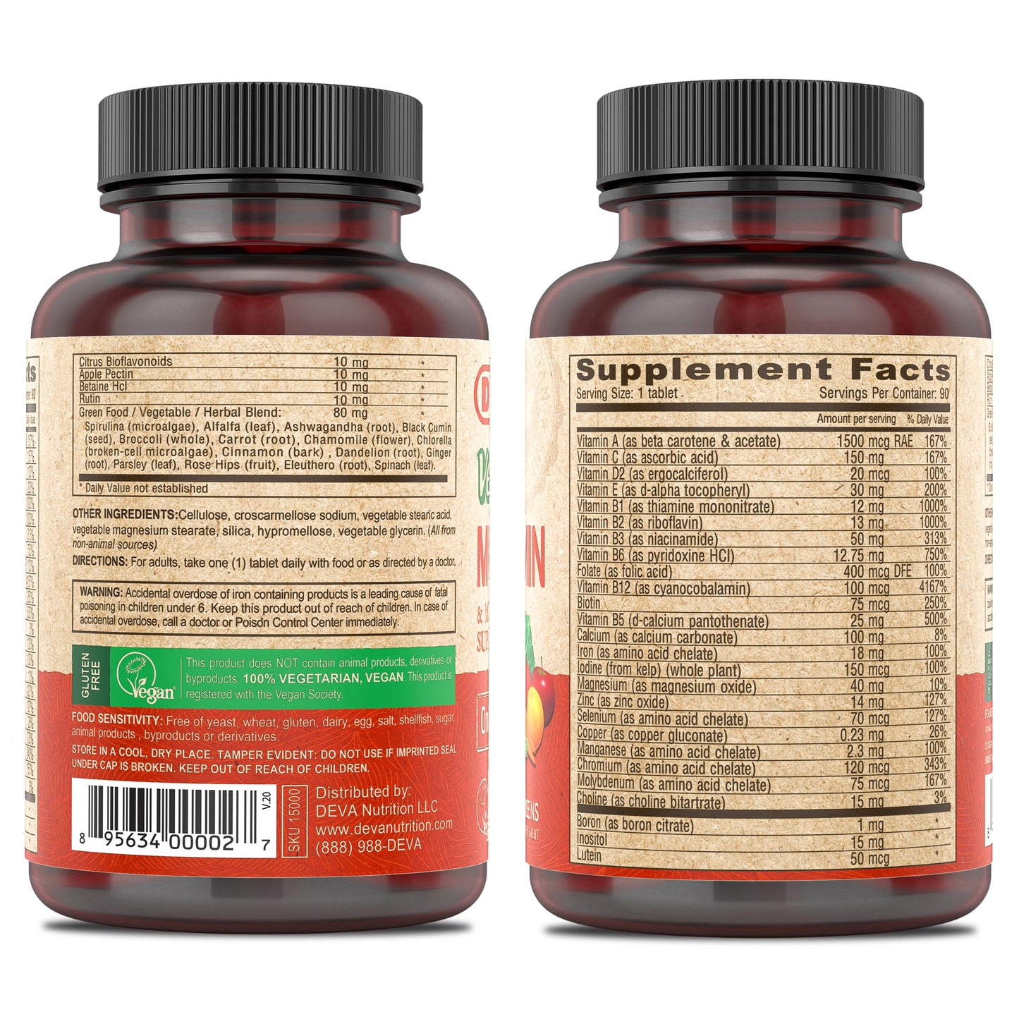 DEVA Vegan Multivitamin & Mineral Supplement with Iron 2-Pack, Spirulina, Chlorella, Ashwagandha, Broccoli & More, 90 Coated Tablets Each DEVABuy Supplements Australia