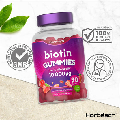 Biotin Gummies 10,000mcg | 90 Vegan Vitamins | Natural Strawberry Flavour HorbäachBuy Supplements Australia