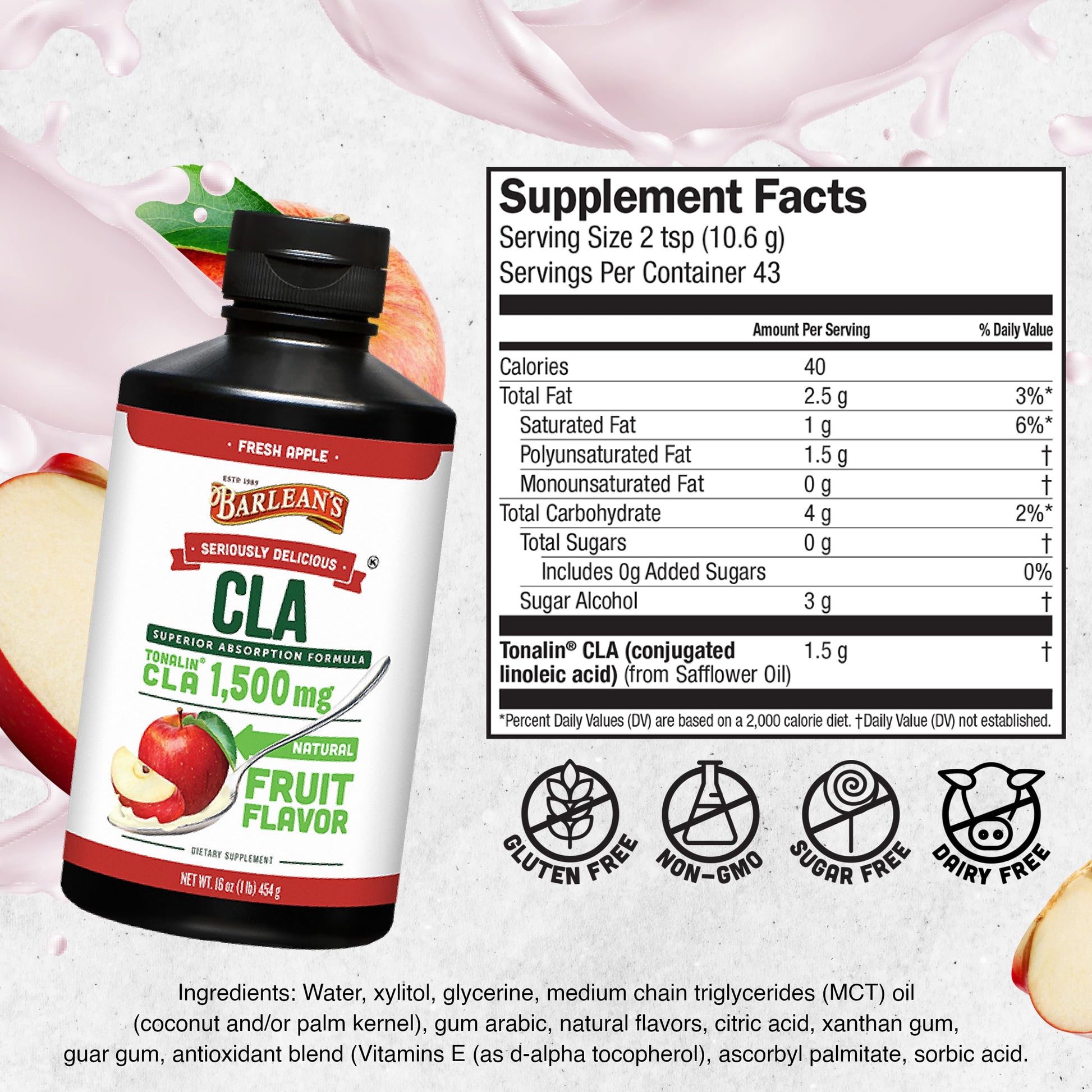 Barlean's Fresh Apple with 1,500 mg of Tonalin CLA - Gluten-Free, Vegan, Kosher Barlean'sBuy Supplements Australia