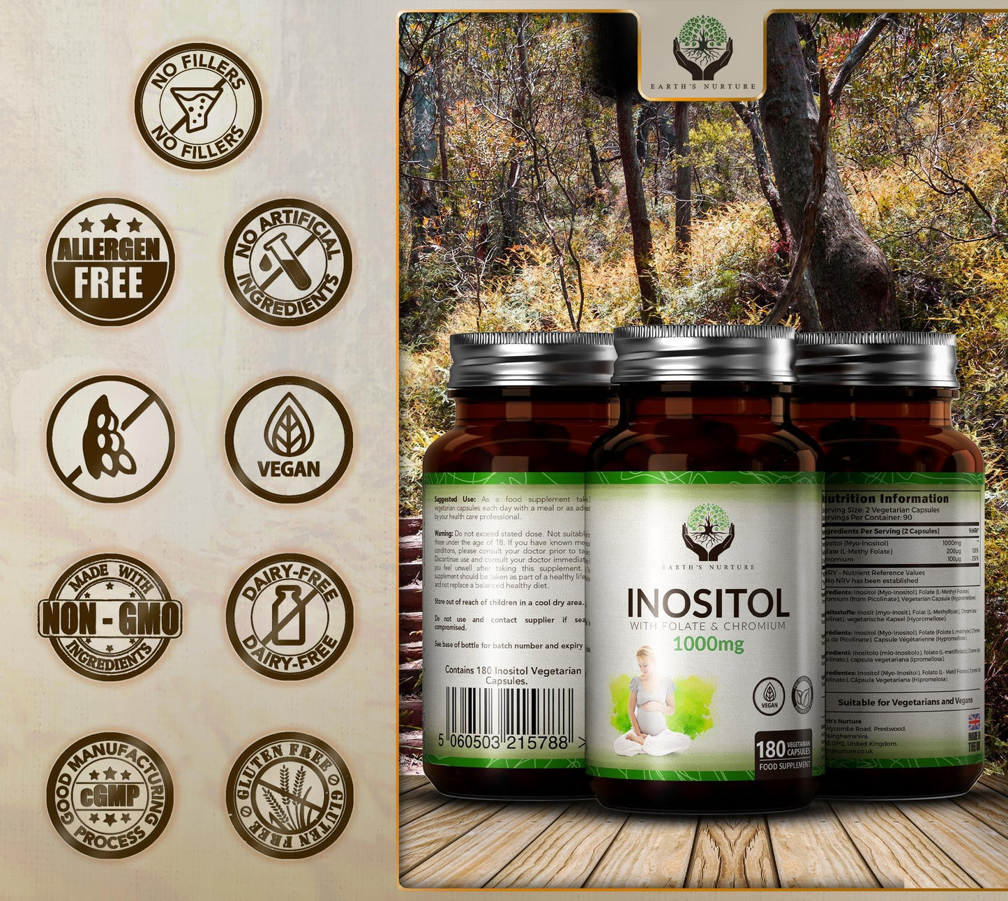 EN Myo-Inositol Chromium & Folate Blend | 1000mg Myo Inositol Per Serving | 180 Vegan Earth's NurtureBuy Supplements Australia