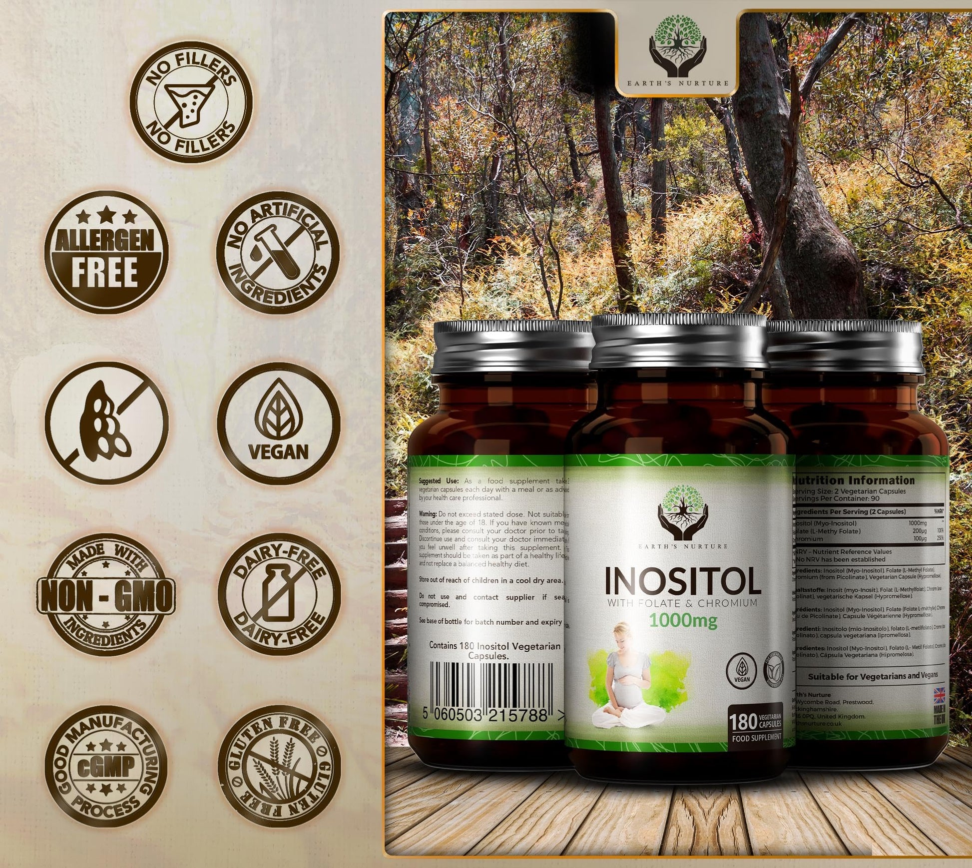 EN Myo-Inositol Chromium & Folate Blend | 1000mg Myo Inositol Per Serving | 180 Vegan Earth's NurtureBuy Supplements Australia