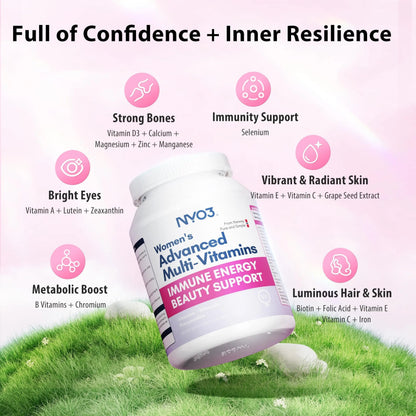 NYO3 Multivitamin for Women with 22 Essential Nutrients | 7 Minerals & 3 Special Additives & 12 Vitamins | Lutein, Zeaxanthin, Grape Seed | NYO3