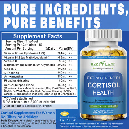 Cortisol Supplements for Women and Men Softgels with Phosphatidylserine Magnesium Ashwagandha L-Theanine,High Absorption Cortisol Detox Capsules for Sleep Relaxation Stress Relief,Non-GMO,60 Servings HZZYPLANTBuy Supplements Australia