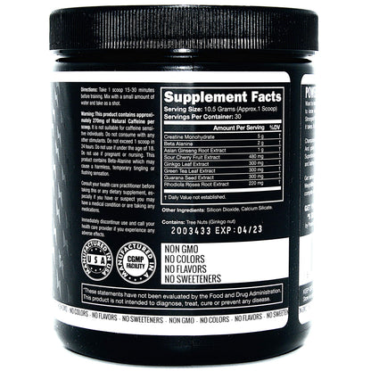 Pre Workout, Best All Natural PreWorkout Supplement. Pure Power, Healthy Pump, Clean, Keto Vegan, Paleo, No Sugar Pre Work Out Powder for Men & Women, Strength & Energy - 315g Unflavored