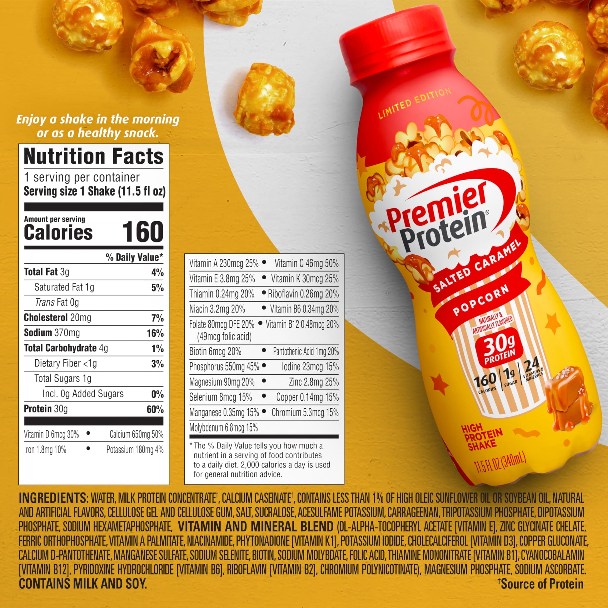 Premier Protein Shake Limited Edition Salted Caramel Popcorn, 30g 1g Sugar 24 Vitamins Premier ProteinBuy Supplements Australia