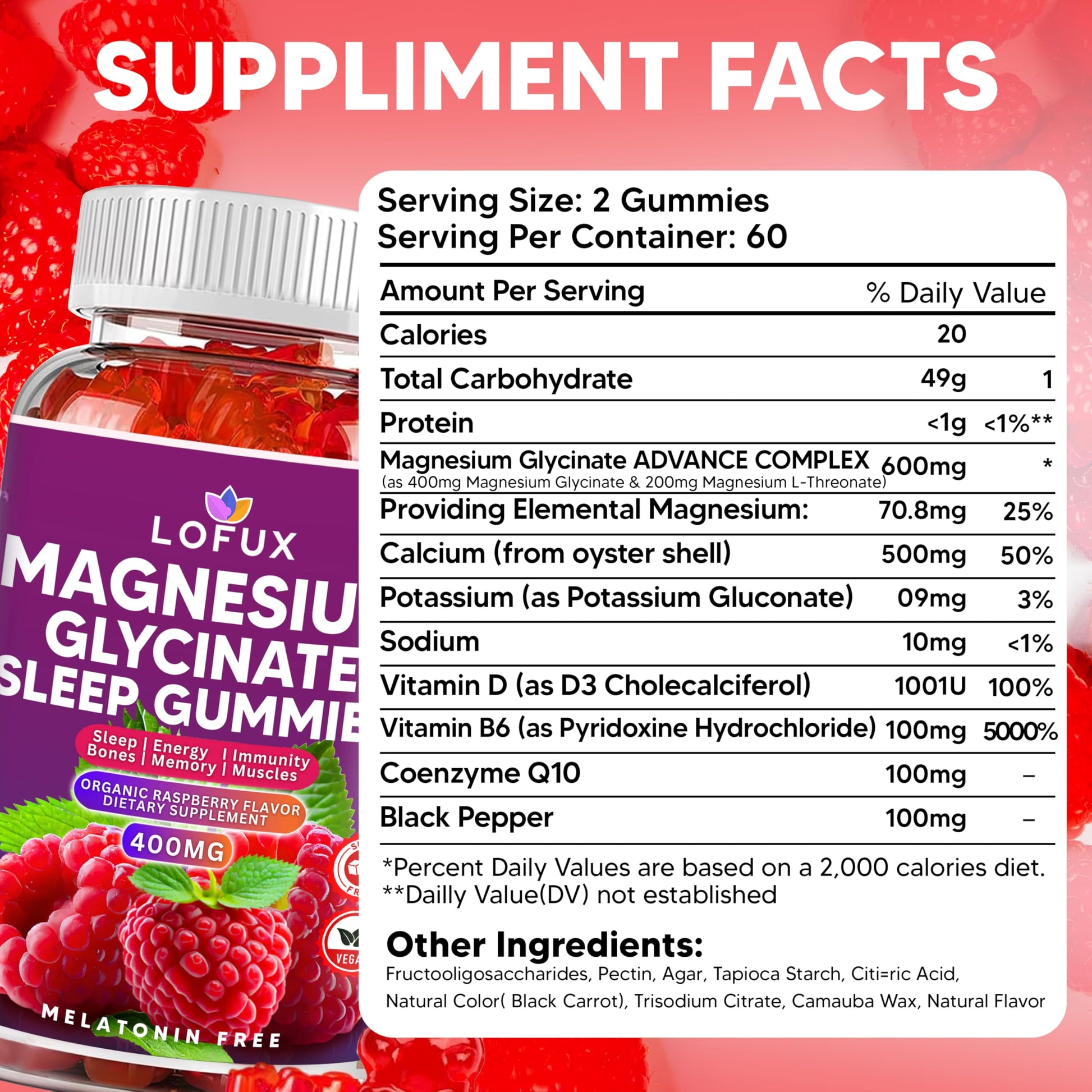Lofux Magnesium Glycinate Gummies 400mg, Sugar Free Magnesium Gummies for Adults Women, Men, Chewable Supplement Gummy with L-Threonate, Vitamin D, B6, CoQ10 - for Calm, Sleep, Body Relaxation, 120 Ct LofuxBuy Supplements Australia
