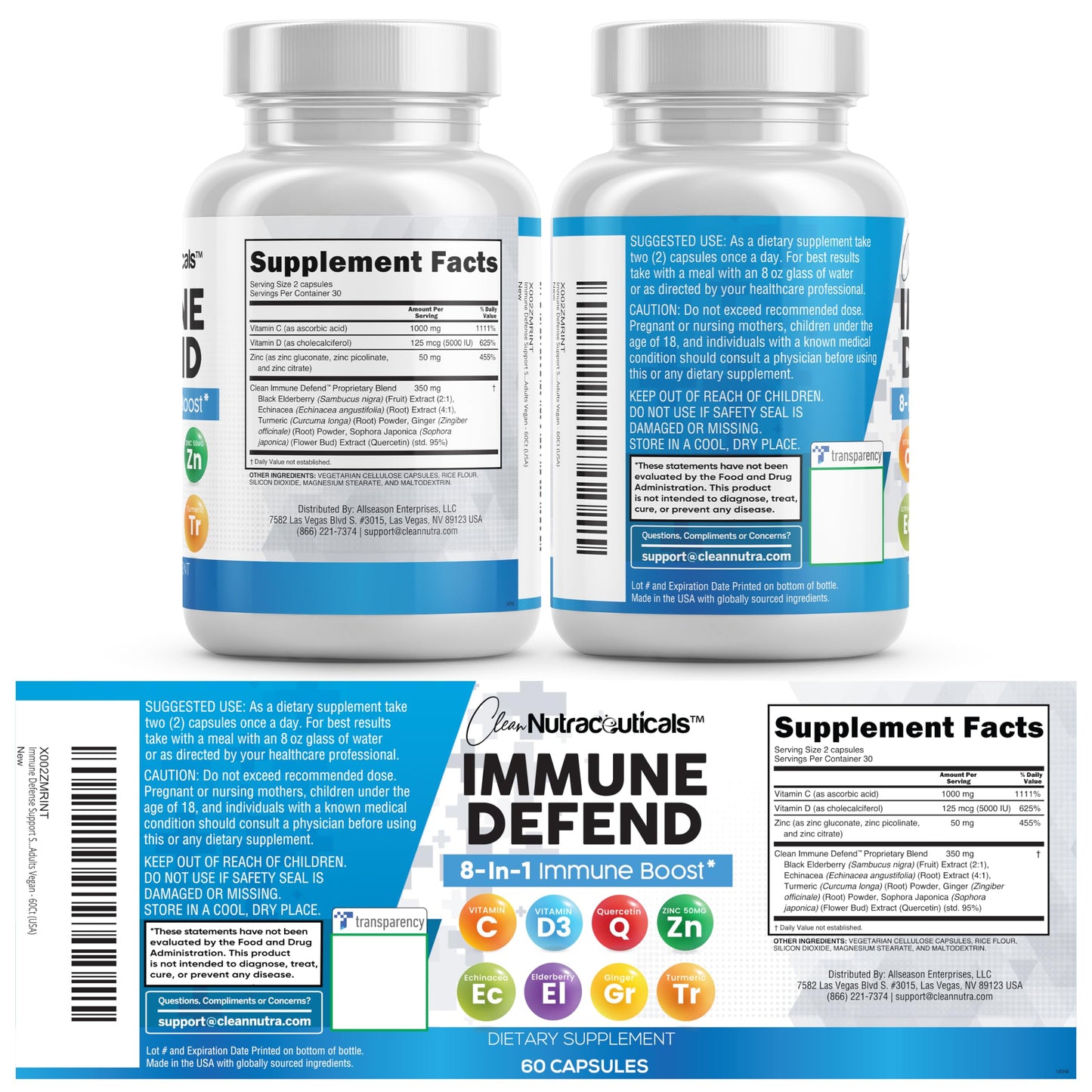 Clean Nutraceuticals Immune Defense Support Supplement 8 in 1 with Zinc 50mg Quercetin, VIT C 1000mg, Vitamin D3 5000 IU, Elderberry, Ginger