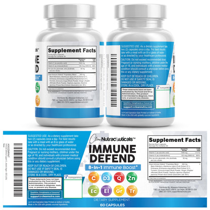 Clean Nutraceuticals Immune Defense Support Supplement 8 in 1 with Zinc 50mg Quercetin, VIT C 1000mg, Vitamin D3 5000 IU, Elderberry, Ginger