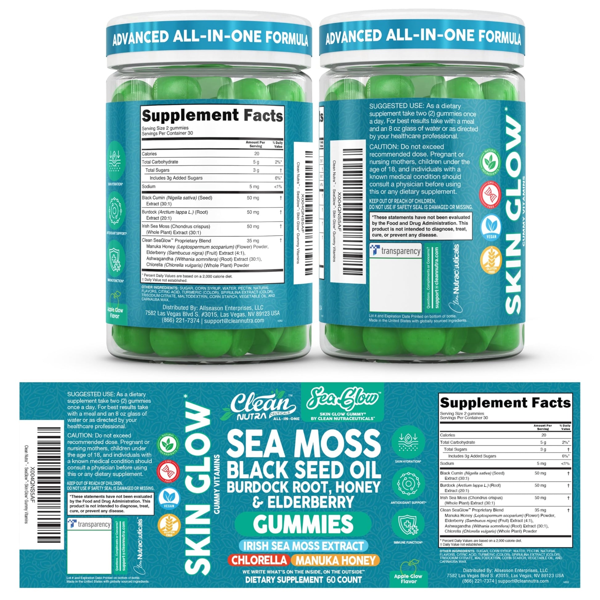 Clean Nutra Sea Moss Gummies Black Seed Oil Chlorella Ashwagandha Root Hair Growth Skin Glow Irish Sea Moss Elderberry Burdock Manuka Honey Trace Minerals Detox 60 Gummy Vitamins Sea Glow Supplement Clean NutraceuticalsBuy Supplements Australia