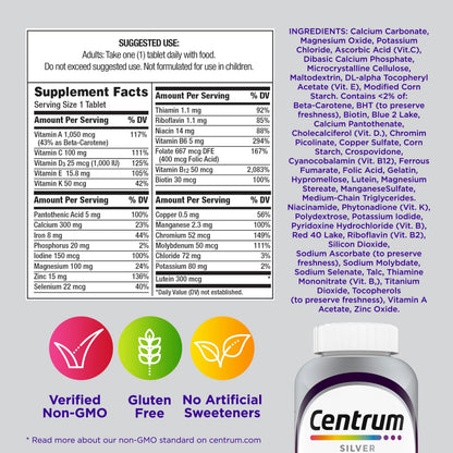 Centrum Silver Women's Multivitamin for Women 50 Plus, Multivitamin/Multimineral Supplement with Vitamin D3, B Vitamins, Non-GMO Ingredients
