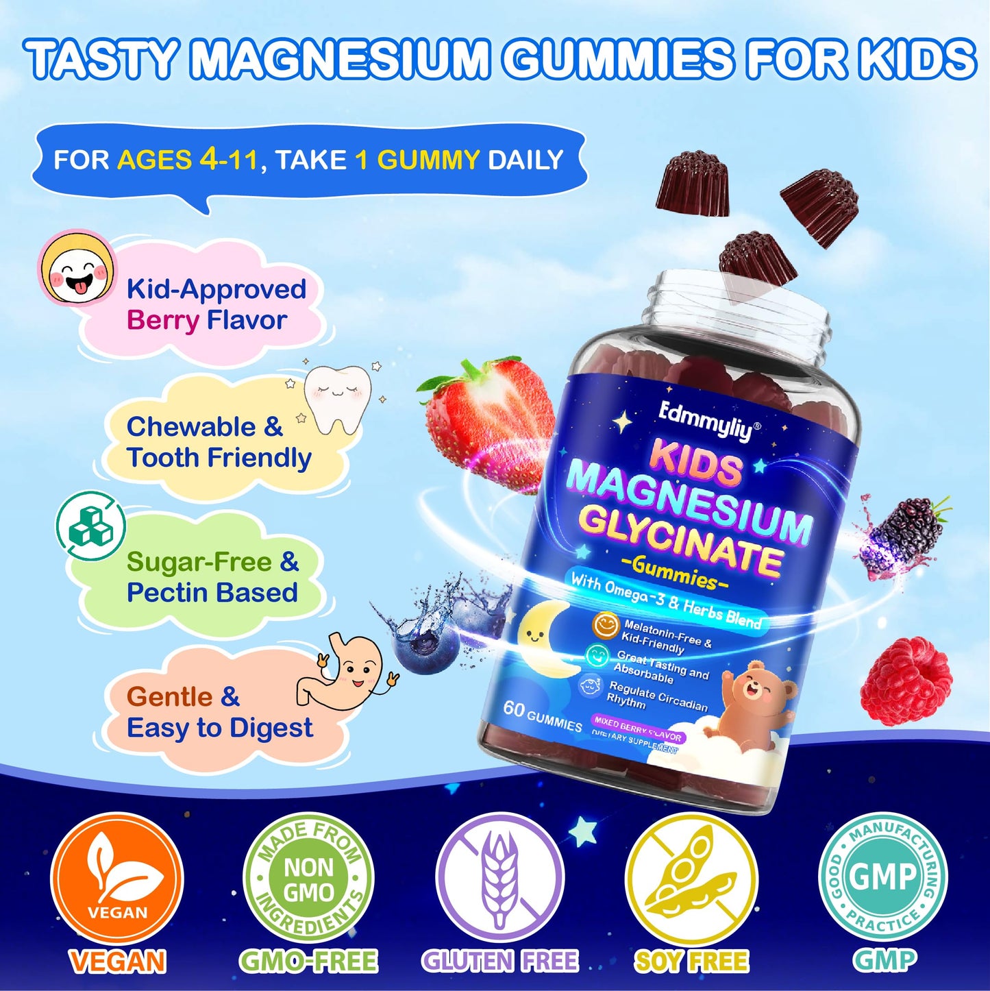 Kids Magnesium Glycinate Gummies - Magnesium Glycinate Supplement 200mg with L-theanine Omega-3 Calcium Vitamin D3 & B12 for Kids Natural Zzz at Bedtime & Overall Health