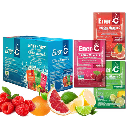 Ener-C Variety Pack Multivitamin Drink Mix Powder Vitamin C 1000mg & Electrolytes with Real Fruit Juice Natural Energy & Immune Support for Women & Men Ener-C