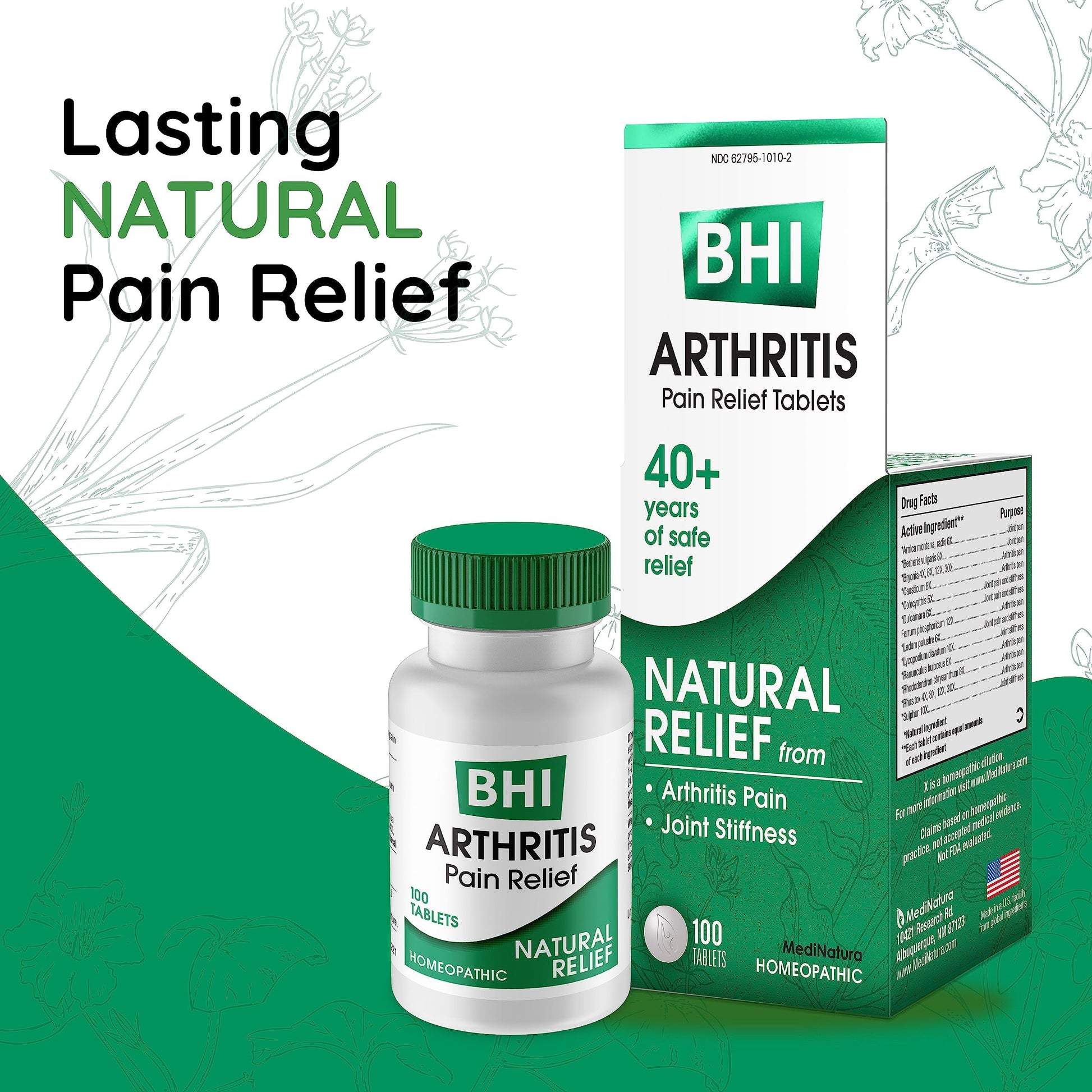 BHI Arthritis Pain Relief Daily Joint Health Support Arnica + 13 Natural Actives Homeopathic Plant & Mineral Blend Helps Relieve Minor Pain & Stiffness in Joints for Women & Men - 100 Tablets MediNaturaBuy Supplements Australia