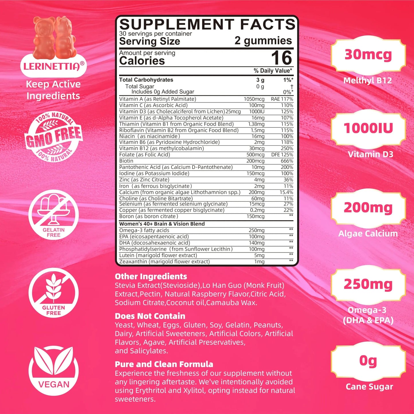 Multivitamin for Women Gummies for 40+ with Omega-3, Niacinamide, B-Complex, Lutein, Iron, Choline, Phosphatidylserine, Vitamin D3 LerinettiaBuy Supplements Australia