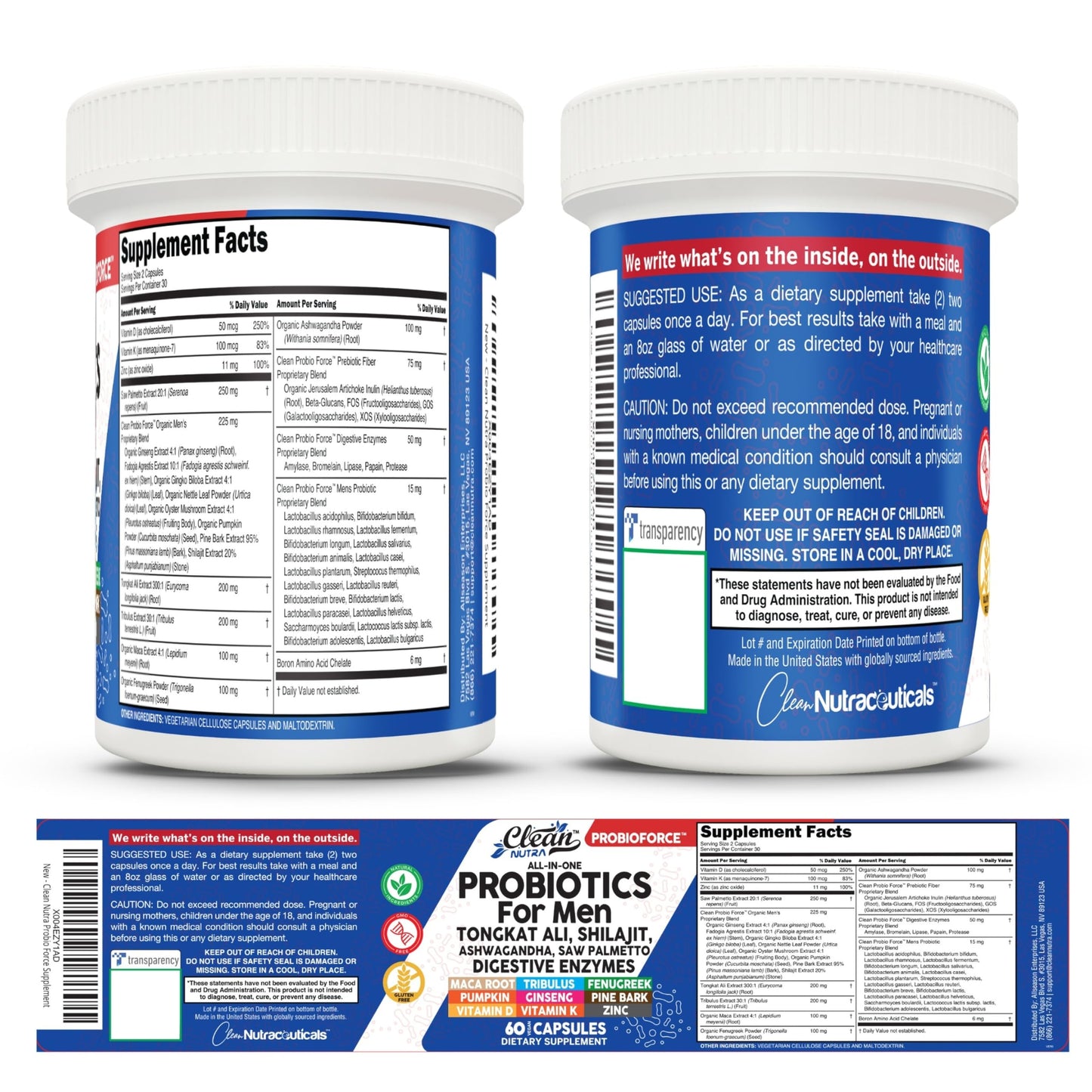 Clean Nutra Probiotics for Men | Tongkat Ali, Saw Palmetto, Tribulus, Ginseng, Ashwagandha, Maca, Pumpkin, Gingko Biloba, Pine Bark, Fenugreek, Shilajit, Zinc - Mens Probiotic 60 Capsules Clean NutraceuticalsBuy Supplements Australia